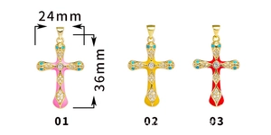 Detailed view of 18K gold plated cross pendants with colorful enamel and micro zircon
