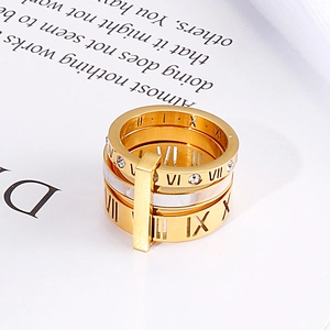 Detailed close-up of rose gold Roman numeral ring with sparkling crystals and white shell inlay