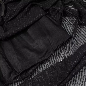 Detail of black lace mesh fabric with smooth inner lining and premium sewing texture