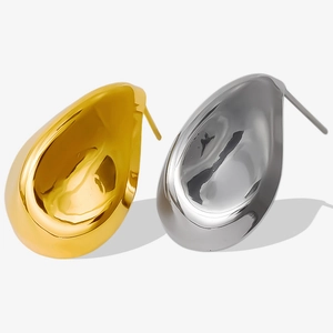 Polished 18k gold and silver stainless steel teardrop earrings in a macro detail view