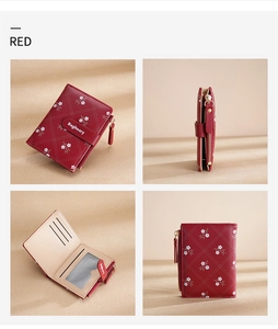 Multi-angle view of a red floral PU leather wallet with card slots and zipper pocket