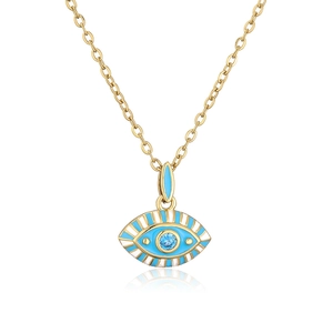 Close-up of gold-plated evil eye necklace with light blue and white enamel detail