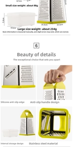 Detail of 4-sided stainless steel grater with yellow anti-slip silicone base and storage box