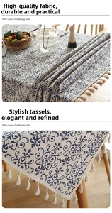 Close-up of retro blue floral pattern and cotton linen tassels on a rectangular tablecloth