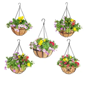 Hanging Planter Basket Natural Coco Coir Liner Metal Iron Wire Flower Pot Outdoor Garden Indoor Home Decor Pastoral Style
