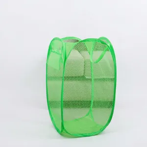 Foldable green mesh laundry basket with steel wire frame and handles for home storage
