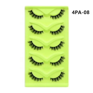 Detailed close-up of 5 pairs cat-eye false eyelashes in 4PA-08 style on green tray
