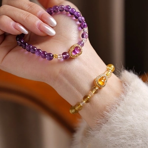 Citrine Amethyst Beaded Bracelet With Gold Plated Gourd Heart Pendant And Lucky Coin Retro Luxury Jewelry For Women