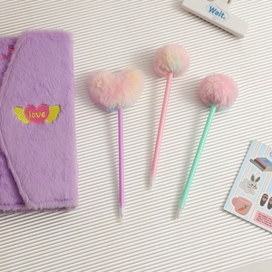 Cute plush notebook with love embroidery and three colorful pom pom heart pens for students