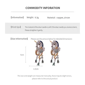 Detailed size guide for silver unicorn earrings with dimensions and material specs
