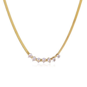 Elegant gold-tone herringbone necklace with teardrop zircon crystals on white background