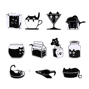 Set of 12 creative cartoon black cat enamel pins showing cats in various containers