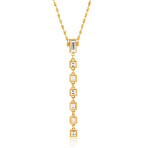 Macro view of gold-plated Y-necklace featuring vertical rectangular and square zircons