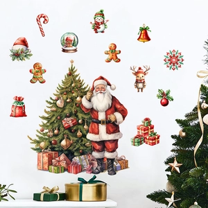 Christmas wall stickers featuring Santa, reindeer, and pine tree for festive home decoration