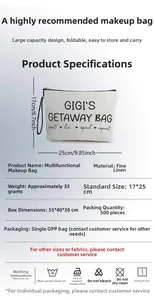 Detailed view of cream linen makeup bag specifications, dimensions 17x25cm with print