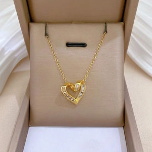 Heart Pendant Necklace Stainless Steel Chain Copper Inlaid Zirconia Elegant Sparkling Clavicle Chain Jewelry For Women