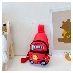 Detail of red school bus shaped children chest bag with adjustable strap and cute graphics