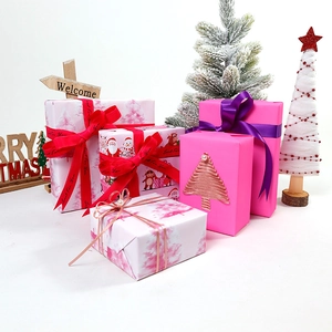 Christmas Gift Wrapping Paper Pink Cartoon Santa Snowman Coated Paper Roll For Holiday Present Packaging Decoration
