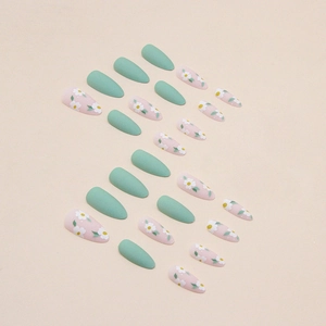 24pcs matte green almond press-on nails with daisy flower patterns and leaf designs
