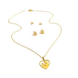 Detail of gold-plated stainless steel heart necklace and earrings with mother-child silhouette