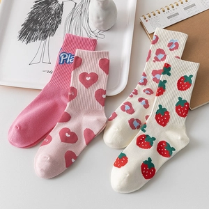 Women Japanese Cute Mid-calf Socks Polyester Pink White Heart Strawberry Pattern Letters Breathable Fashion Crew Socks