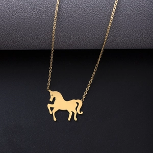 Detailed close-up of golden stainless steel running horse pendant on a link chain necklace