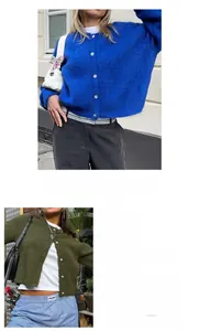 Detailed fabric texture and size chart of blue and dark green casual knitted cardigans