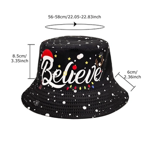 Christmas Santa Claus pattern black bucket hat with Believe print and festive holiday design