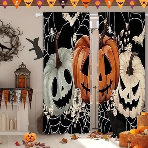 Detail of Halloween curtains featuring orange pumpkin patterns and bats in a home setting