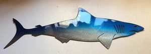 Macro view of shark metal wall art showing brushed blue gradient finish and gill details