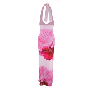 Close-up of halter neck tie and open back detail on a pink floral long dress