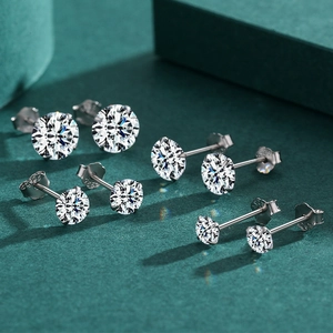 Set of four S925 sterling silver stud earrings with round brilliant-cut cubic zirconia