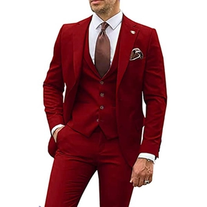 Detail of slim fit three-piece suit in bright red featuring a single-breasted jacket and vest