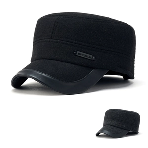 Men's winter wool flat top cap with leather brim and warm ear protection in dark grey
