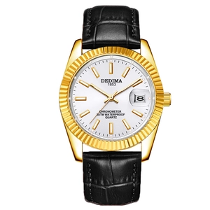 Fashionable waterproof quartz watch with black leather strap and gold case for couples