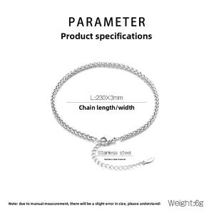 Technical drawing of a 3mm stainless steel woven anklet with lobster clasp and chain