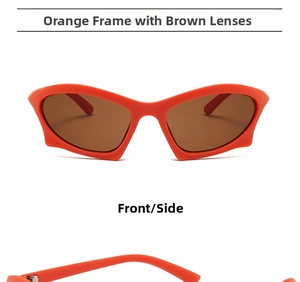 Detail view of steampunk y2k sunglasses in matte orange frame with brown lenses