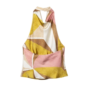 Women's summer halter top with artistic geometric pattern in yellow and pink silk fabric