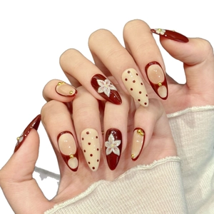 Vintage wine red press-on nails with white 3D flowers and retro polka dot patterns