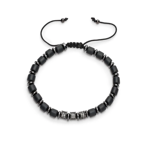 Unisex-Armband aus Hämatit-Perlen mit Micro-Pave-Zylindern und verstellbarer schwarzer Kordel