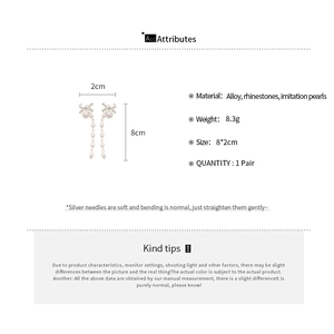 Detailed size specifications of bow knot pearl tassel earrings with crystal studs