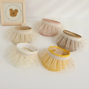 Kids Open Top Straw Sun Hat With Lace And Gold Polka Dot Tulle Cute Summer Adjustable Visor For Toddler Girls
