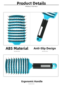 Close-up of curved vented hairbrush with boar bristles and ergonomic anti-slip handle