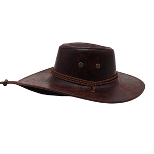 Detail of dark brown western cowboy hat with braided rope trim and metal eyelets