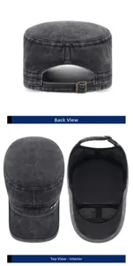 Detail of washed charcoal cotton cadet cap showing metal buckle and inner lining