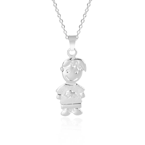 Close-up of a silver boy-shaped pendant made of textured stainless steel on white background