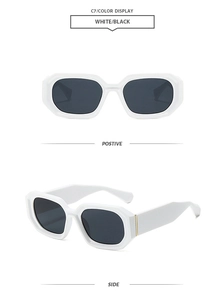 Detailed front and side views of white rectangular sunglasses with dark lenses