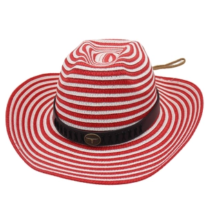 Detail of red and white striped straw cowboy hat with leather band and metal bull logo