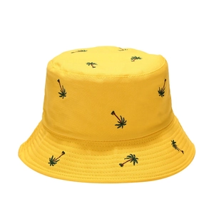 Yellow bucket hat with palm tree embroidery for summer outdoor sun protection gear