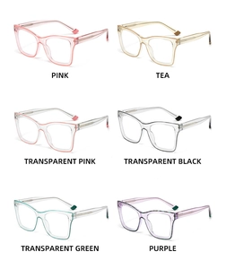 Macro display of six colorful vintage square eyeglass frames with metal core temples